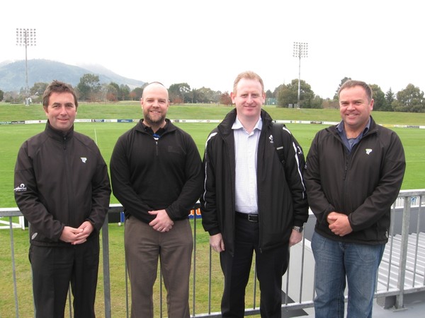 TDC Parks and Open Spaces Manager John Ridd, RNZ2011 Team Services Richard Newsome, Irish Rugby Union Team Services Manager Gerard Carmody, and TDC Parks Operations Manager Ian Connon at the Irish's future training ground Owen Delany Park.